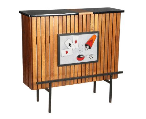 Jacques Adnet (1900-1984)Oak bar with black plastic top, ceramic tile in iron frame on the front and standing on iron legs, F