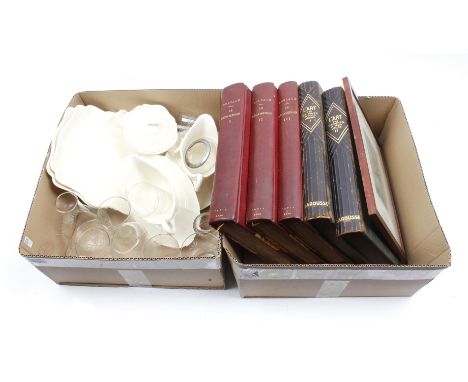 Box of Wedgwood Queens Shap earthenware crockery, cut glasses and crystal and box with 2 parts French books LÁrt des origines