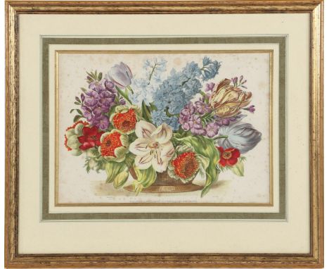 Old color lithograph in frame Tulipes Anémones Jacynthes et Giroeflée, outer size 69x82 cm