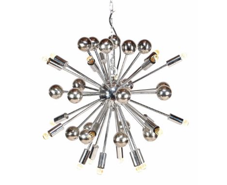 Chrome-plated metal 20-light pendant lamp in Space Age style, model 'Sputnik', Western Europe late 20th century, approx. 60 c