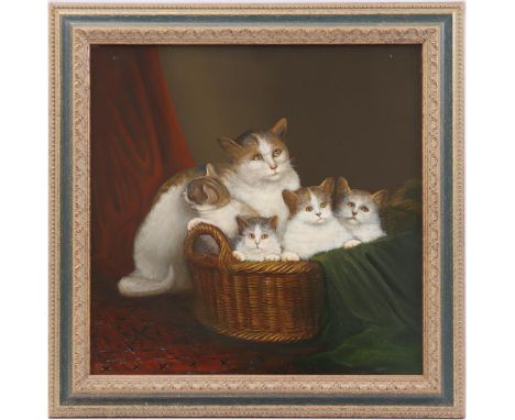 Jan van der Meer (1942-)Cat with kittens in basket, panel 46x46 cm