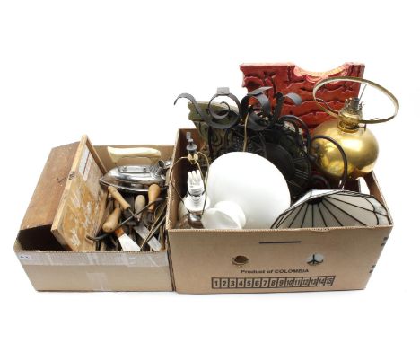 Box with old tools and box with crystal table lamp, wrought iron mantel clock, 2-light pendant lamp, brass table oil lamp etc