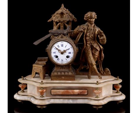 Classic table clock with zamak statue of a man with bird on a natural stone base, 35 cm high