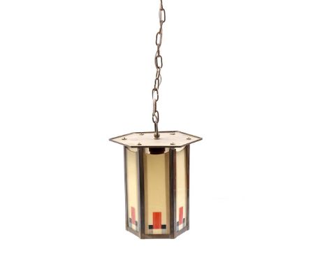 Brass hexagonal hanging lamp with polychrome glasses, in the style of the new Honsel, 72 cm high