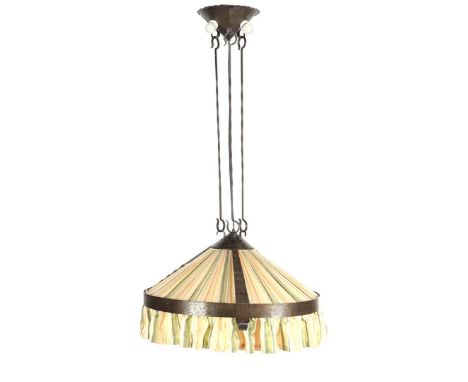 Wrought iron hanging lamp with fabric shade (damaged), 130 cm high, 75 cm diameter