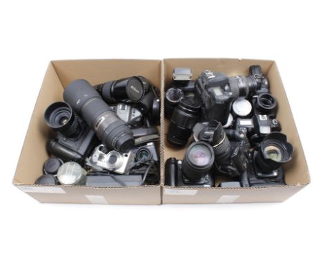 2 boxes with various cameras and lenses, including brands Fujifilm, Minolta, Nikon and Sony