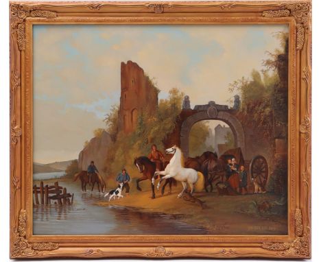 Jan van der Meer (1942-)Figures with horses at a river ruin after the old master, panel 46x56 cm