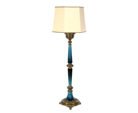 Copper floor lamp with earthenware parts and upholstered shade, 168 cm high