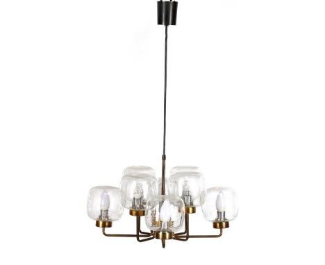 Brass 8-light hanging lamp with bubble glass, possibly designed by Hans Agne Jakobsen, 1970s/80s, 47x47 cm
