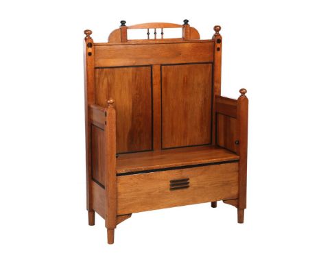 Oak hall bench with black accents and loose crest on the back, 134 cm high, 99 cm wide, 42 cm deep