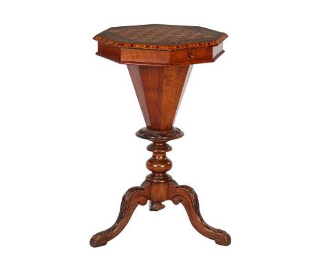 Walnut craft table with compartments, wool bag and marquetry of a chessboard on the top, Holland ca. 1920, 72 cm high, 44 cm 