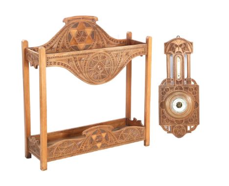 Wooden umbrella stand with notch decoration, 75 cm high, 67 cm wide and Dutch barometer with beautiful notch decoration, 60 c