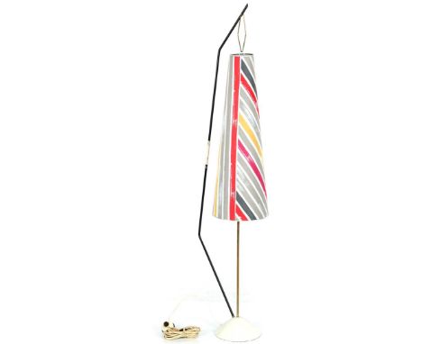 Unknown designer, black lacquered wire steel floor lamp with brass accents, white weighted base and polychrome upholstered sh