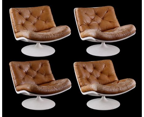 Geoffrey Harcourt  (1935-)4 padded cognac leather swivel armchairs on polyurethane 'tulip' foot, design Geoffrey Harcourt for