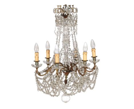 Classic brass 6-light chandelier with crystal icicles, 72 cm high, 51 cm diameter