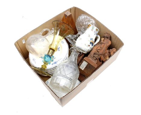 Various box including antique tiles, carafes with stopper, plates Porceleyne Fles, metronome and wooden figurines of apostles