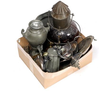 Box with various tin, plate and brass including tap jug, lamp and candlestick