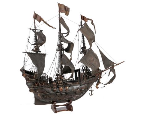 Scale model galleon with linen sails and the figurehead in the shape of a winged sea monster, 120 cm high, 120 cm long, ca. 1