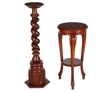 Walnut side table with shelf, 80 cm high, 39 cm diameter, twisted walnut pedestal on hexagonal foot,