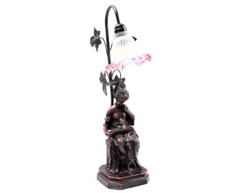 Classic plastic table lamp depicting a woman reading, with pleated glass shade, 55 cm high