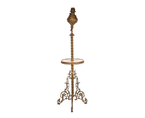 Copper standing oil/floor lamp with richly decorated frame, onyx blades height-adjustable top, minimum 155 cm high, up to 200