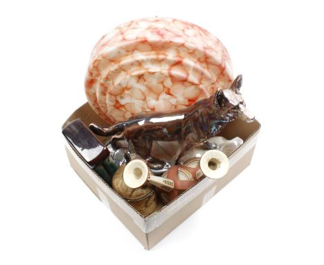 Box with earthenware sculpture of a sheepdog, candlesticks, tobacco jar with hare on lid, table clock and colored glass penda