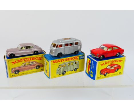 Matchbox - 3 x boxed models, a low roof VW Camper Van # 34 and a Volkswagen 1600TL Fastback # 67 and a Rolls Royce Phantom V 