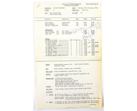 Star Wars Return of The Jedi (1983) - Revenge of The Jedi call Sheet from Tuesday 23rd February 1982, two pages, signed on th