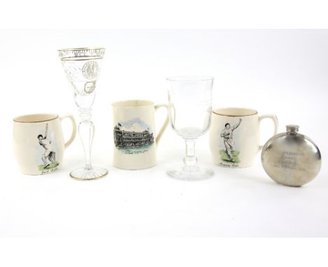 Cricket interest - Two presentation glasses, three Staffordshire mugs &amp; an engraved hip flask &amp; a large R. James, 'To