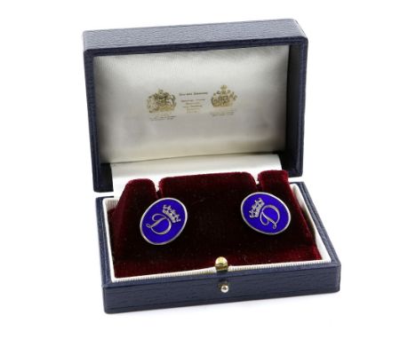 Pair of Princess Diana Blue Enamel and Silver Presentation Cufflinks, London, circa 1990, maker's mark ACB. Designed as oval 