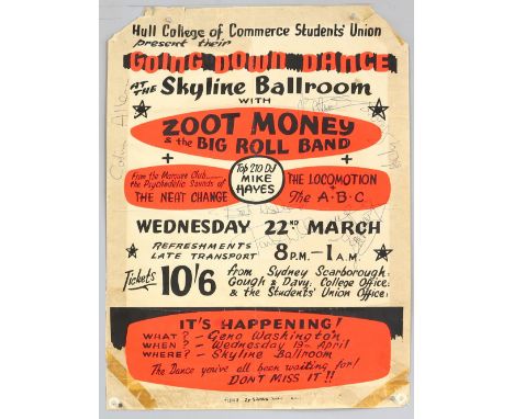 Zoot Money and The Big Roll Band - Original concert poster for Wed 22nd March 1967 at The Skyline Ballroom in Hull. Signed by