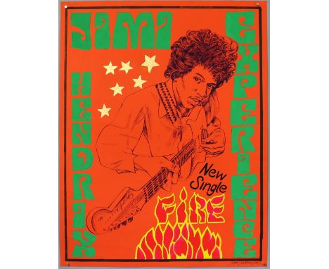 Jimi Hendrix Experience - New Single Fire - Original hand painted artwork by John Judkins, signed &amp; dated 1967, flat, 22.