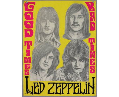 Led Zeppelin Good Times Bad Times - Original hand painted artwork by John Judkins, signed &amp; dated 68, flat, 23.5 x 30.5 i