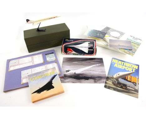 Concorde memorabilia including Menus, Luggage tickets, Flight Certificate, photos, Coasters, drinks stirrers, tickets, scrapb