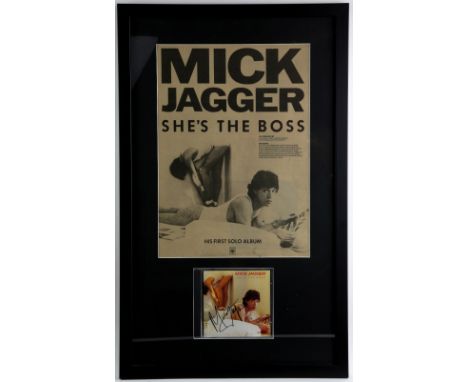 Mick Jagger - Autograph on CD of the album 'She's The Boss', mounted with an original advert of his solo album, framed, 16 x 