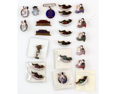 22 Vintage Enamel badges, many with Song sheets including Carolina Moon x 9, On With The Show x 3, Goodbye Hawaii x 1, The Ol