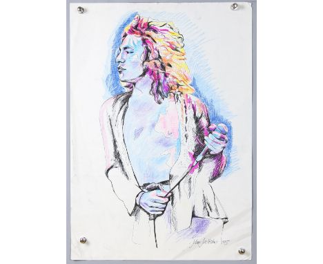 Led Zeppelin - Robert Plant - Original mixed media artwork by John Judkins, signed &amp; dated 1975, flat, 23.5 x 16.5 inches