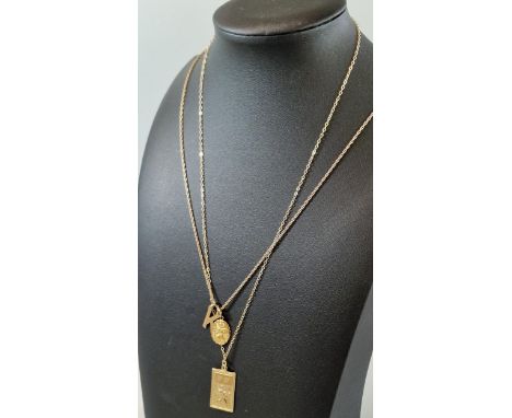9ct gold Saint Christopher pendant on chain, together with another 9ct gold chain with initial 'K' charm, and another Saint C