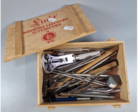 Wooden box comprising a collection of vintage and other watch repairer's tools.  (B.P. 21% + VAT) 