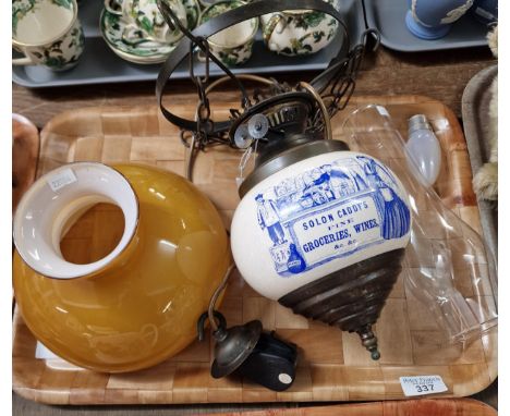 Hanging ceiling light, probably converted with ceramic reservoir Solan Caddy's Fine Groceries, Wines &amp; Co. with glass sha
