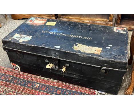 Vintage steamboat metal trunk with original labels, Cunard Line, Canadian Pacific etc. The top marked 'Wootton-Whitling' (B.P