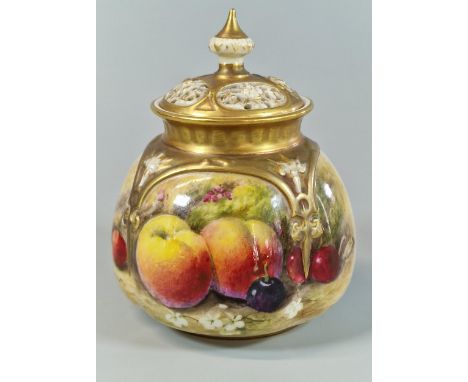 Royal Worcester porcelain potpourri vase and reticulated cover, hand painted with fruits and flowers, signed 'Ricketts', shap