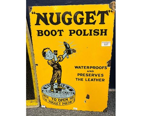 Single sided enamel advertising sign 'Nugget boot polish weatherproofs and preserves the leather'. 53x36cm approx. (B.P. 21% 