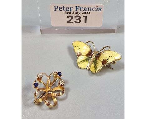 Norwegian sterling silver gilt and enamel butterfly brooch, marked 'Sterling 925S Norway', together with a yellow metal flora