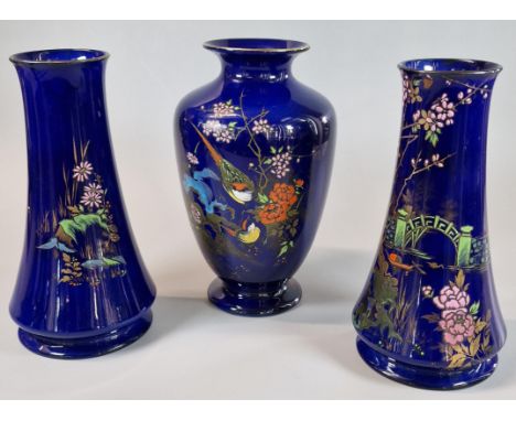 Shelley cobalt blue ground and enamel vase garniture set in Oriental scenes with lake and bridge and exotic birds amongst fol