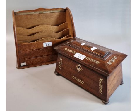 Early 19th century rosewood and mother of pearl inlaid sarcophagus two section tea caddy on bun feet together with an early 2