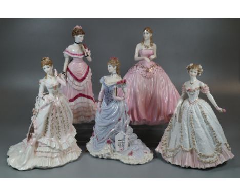 Four Royal Worcester bone china figurines to include: 'The Jewel in the Crown', 'Splendour at Court', 'The Golden Jubilee Bal