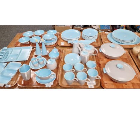 Seven trays of Poole Pottery 'Twintone' sky blue/dove grey dinner and tea ware items to include: cups, saucers, lidded tureen