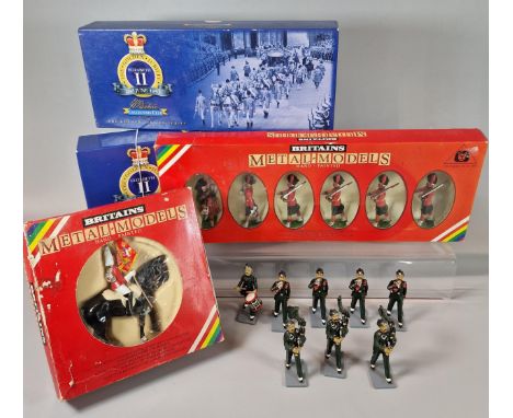 Collection of boxed Britains Metal Models to include: Lifeguard Standard Bearer, Black Watch Officer Piper and four men, the 