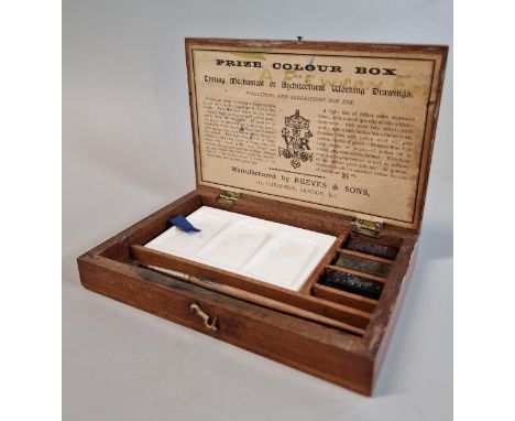 Small late 19th early 20th century mahogany paint box, manufactured by Reeves and Sons London, with a small assortment of acc